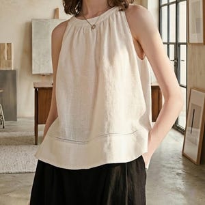 White linen top with gathered neckline, sleeveless linen shirt, casual and vacation style, lightweight linen summer top, Minimalist Blouse