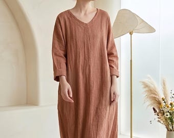 Bohemian-style Linen Maxi Dress for Women, Long-Sleeve Dress, Vintage Green Dress, Russet Dress, Summer Linen Maxi Dress, Summer Outfit