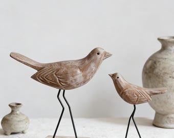 Hand-Carved Wooden Bird Set, Rustic Farmhouse Minimalist Nature Decor