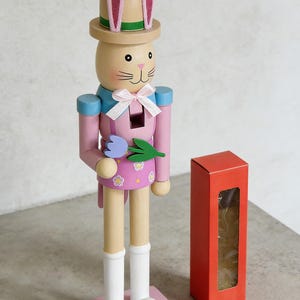 Hand-painted Solid Wood Easter Bunny Nutcracker, Pastel Spring Decor, Farmhouse Rabbit Soldier Statue