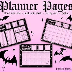 Gothic Bats and Stars Planner Pages – Pink Black Daily, Weekly, Monthly (Digital Download)