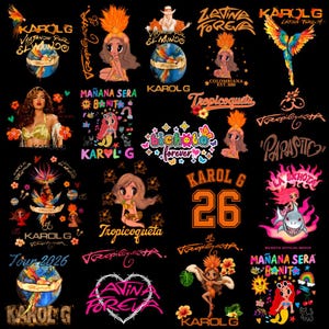 Puede incluir: Una colección de diseños gráficos digitales con Karol G, que incluye personajes de dibujos animados, temas tropicales, loros coloridos, el texto Mañana Sera Bonito, Bichota, Tropicoqueta, Latina Forever y varios logotipos relacionados con giras sobre un fondo negro.