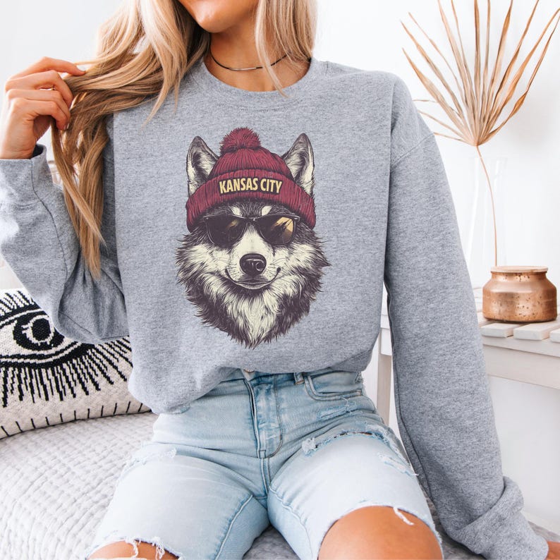 Kansas City Football Fan Sweatshirt, Cool Wolf Beanie Pullover, Funny Game Day Hoodie, Vintage Style Team Spirit Crewneck Gift image 2