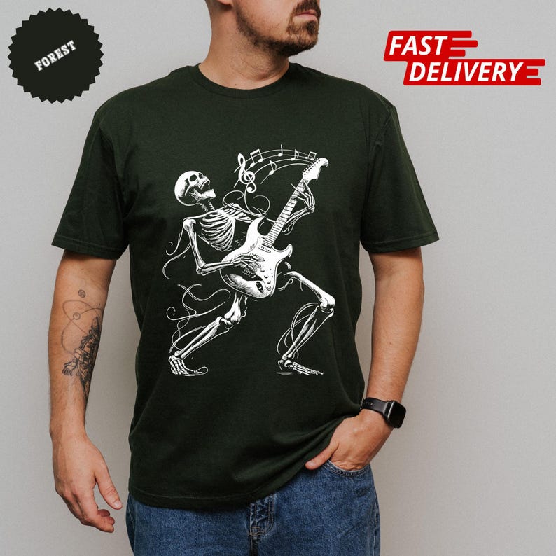 Camiseta con guitarra esqueleto: Camiseta gráfica de Halloween de banda de rock imagen 2
