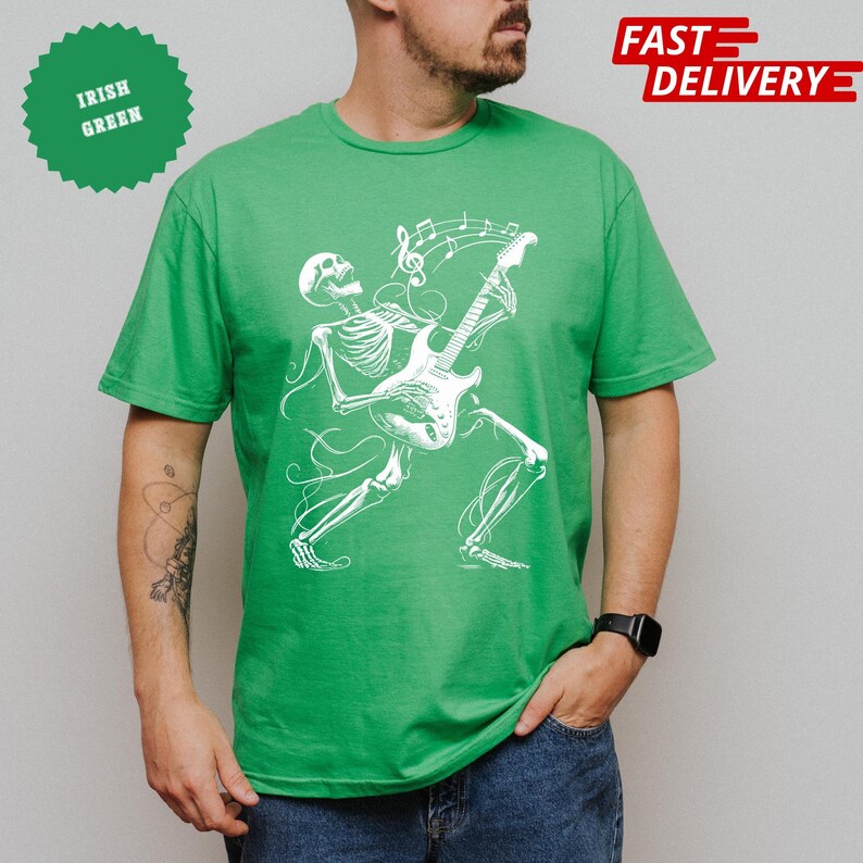 Camiseta con guitarra esqueleto: Camiseta gráfica de Halloween de banda de rock imagen 8