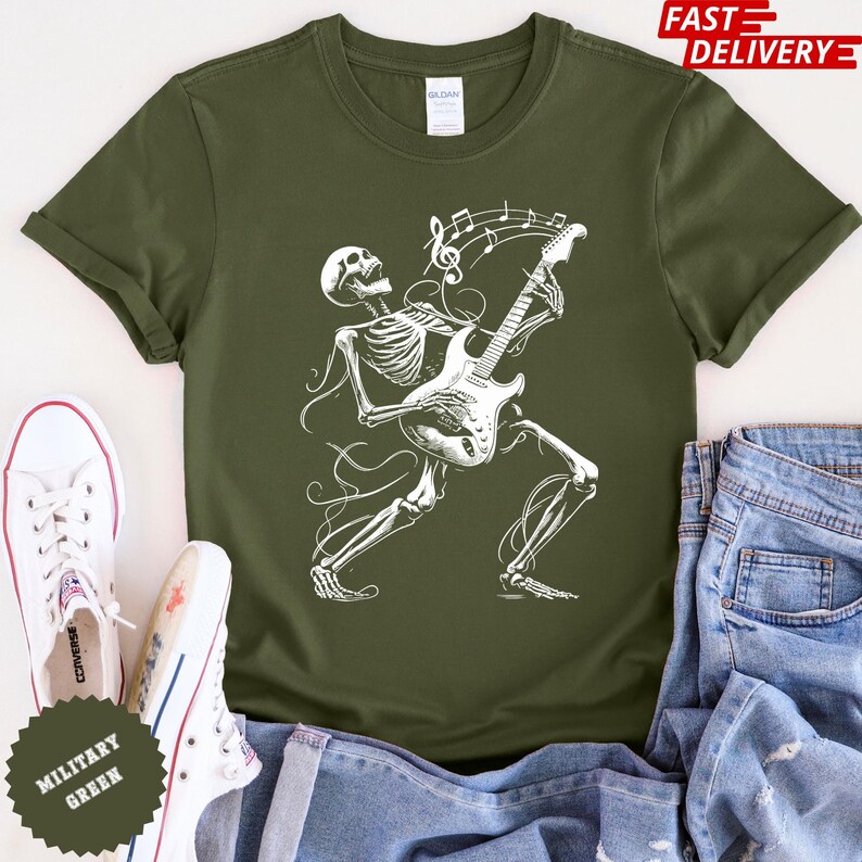 Camiseta con guitarra esqueleto: Camiseta gráfica de Halloween de banda de rock imagen 4