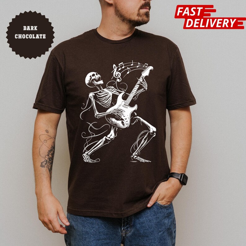 Camiseta con guitarra esqueleto: Camiseta gráfica de Halloween de banda de rock imagen 7