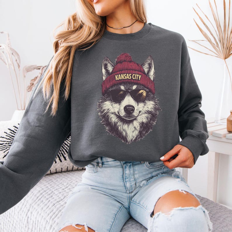 Kansas City Football Fan Sweatshirt, Cool Wolf Beanie Pullover, Funny Game Day Hoodie, Vintage Style Team Spirit Crewneck Gift image 3