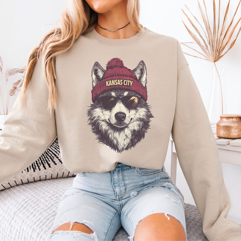 Kansas City Football Fan Sweatshirt, Cool Wolf Beanie Pullover, Funny Game Day Hoodie, Vintage Style Team Spirit Crewneck Gift image 6