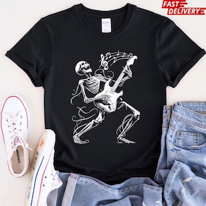 Camiseta con guitarra esqueleto: Camiseta gráfica de Halloween de banda de rock imagen 1