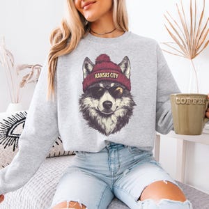 Kansas City Football Fan Sweatshirt, Cool Wolf Beanie Pullover, Funny Game Day Hoodie, Vintage Style Team Spirit Crewneck Gift image 1