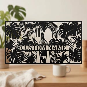 Personalized Kitchen Metal Sign, Custom Floral Utensils Wall Art, Fork and Spoon Decor, Farmhouse Dining Room Sign, Family Name Gift