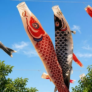 May include: Colorful carp streamers, or koinobori, are displayed against a bright blue sky. The streamers are in the shape of fish, with red, black, and white designs. The fish are suspended from a line, with green foliage in the foreground.