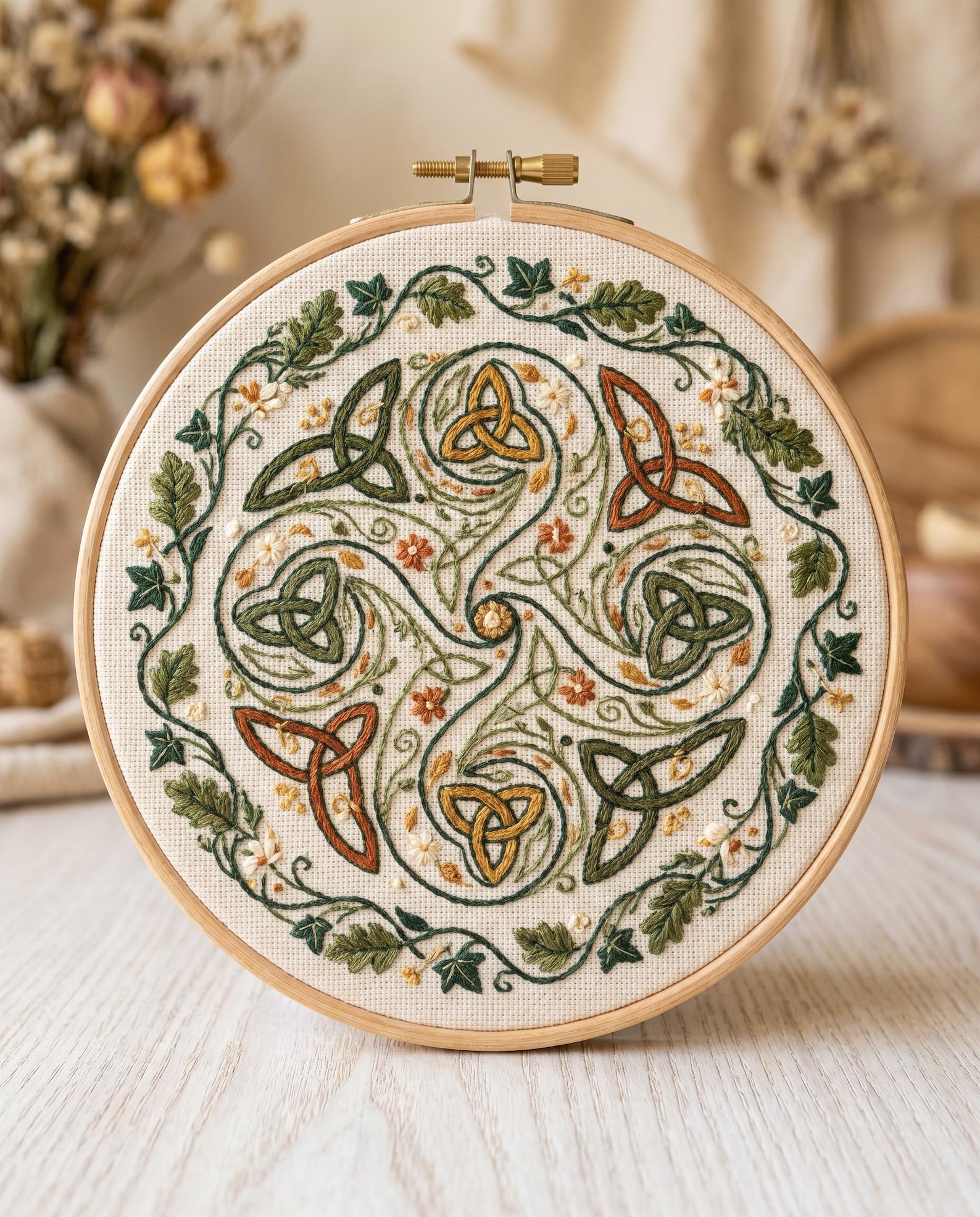 Art Nouveau Celtic Trinity Knot Embroidery Kit Beginner Woodland 6" Beech Hoop Gift