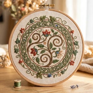 Art Nouveau Celtic Knot Embroidery Kit Beginner Woodland Floral Hoop Art 6" Beech Hoop Nature Craft Gift