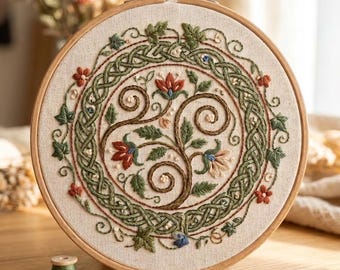 Art Nouveau Celtic Knot Embroidery Kit Beginner Woodland Floral Hoop Art 6" Beech Hoop Nature Craft Gift