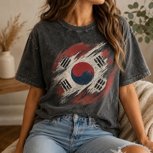 Corée du Sud Taegeukgi drapeau coup de pinceau vintage en coton lavé, cadeau personnalisé pour amateur de football t-shirt de sport unisexe
