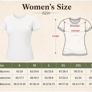 May include: A size chart for a t-shirt featuring a white t-shirt on the left and a line drawing on the right with labels for length, shoulder, and 1/2 chest. A table below lists measurements in both centimeters and inches for sizes S through 3XL.