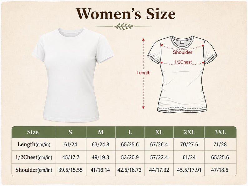 May include: A size chart for a t-shirt featuring a white t-shirt on the left and a line drawing on the right with labels for length, shoulder, and 1/2 chest. A table below lists measurements in both centimeters and inches for sizes S through 3XL.