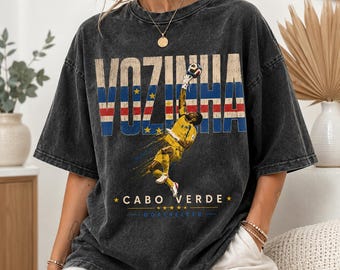 Vozinha Cabo Verde Flag Save Action Vintage Mineral Wash Black Cotton T-Shirt, Custom Soccer Fan Oversized Tee, 3 Color Options