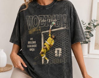 Vozinha #1 Goleiro Cabo Verde Save Action Goal Net Vintage Mineral Wash Black Cotton T-Shirt, Custom Soccer Fan Oversized Tee, 3 Color