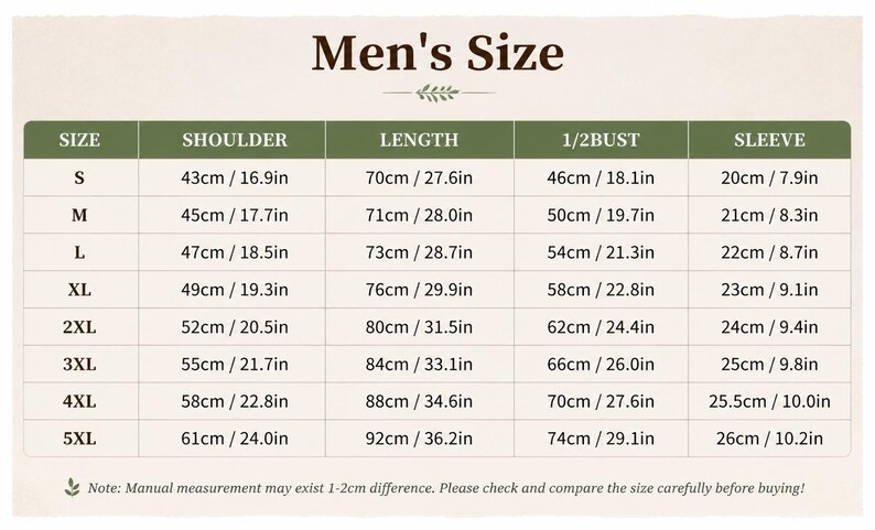 May include: A size chart titled Men's Size with a dark green header row and white background. It lists sizes from S to 5XL with corresponding measurements in centimeters and inches for shoulder, length, 1/2 bust, and sleeve. Includes a note about manual measurement.