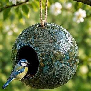 Pode incluir: Uma casa de pássaros esférica de cerâmica verde-escura com um padrão texturizado de folhas de ginkgo e uma abertura circular. Um pequeno chapim-azul, com penas azuis, amarelas e brancas, pousa na entrada da estrutura suspensa por uma corda.