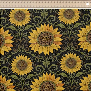 May include: A repeating pattern of sunflowers on a black background. The sunflowers are yellow and brown with green leaves and stems. The design has a vintage, floral aesthetic.