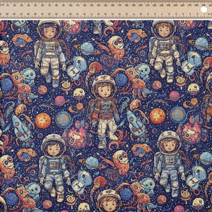 Puede incluir: Tela con un patrón repetitivo de astronautas, planetas, cohetes y criaturas alienígenas en tonos azules, naranjas y blancos. El diseño presenta ilustraciones de estilo caricaturesco de elementos espaciales.