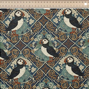 May include: Fabric with a repeating pattern of puffins and ornate, swirling designs in shades of blue, brown, and cream. The puffins have black and white bodies, orange beaks and feet. The pattern is set against a dark blue background.
