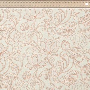 May include: Cream-coloured fabric featuring a repeating pattern of coral-coloured floral outlines, including lotus flowers and swirling vines. The design is detailed and delicate, creating a vintage or botanical aesthetic. The fabric has a textured appearance.