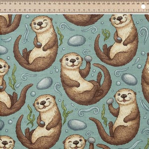 May include: Fabric with a repeating pattern of cartoon otters in shades of brown and cream, holding stones, on a light blue background. The otters are surrounded by stylized water elements and seaweed.