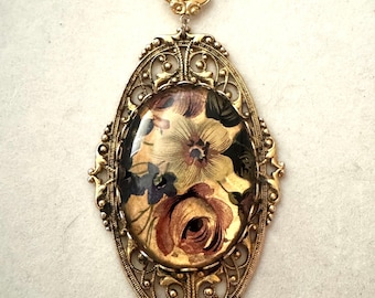 1960s Victorian Revival Gold-tone + Glass Floral Pendant Necklace