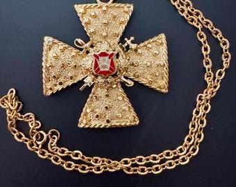 Vintage Maltese Cross Pendant Necklace, Gold-tone + Red Enamel Center Crest - LARGE!