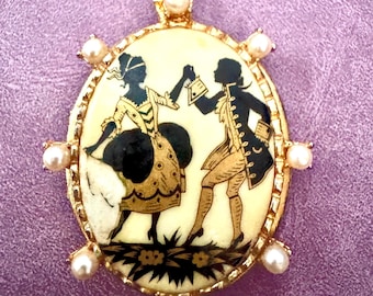 Large Vintage Porcelain "Courting Couple" Cameo + Accent Pearls - West Germany