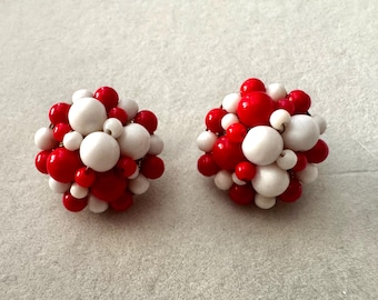 1960s Vintage Red & White Milk Glass Bead Hinge-back Clip Earrings - Marked Japan
