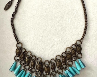 Plunder Kayla Dark Bronze Metal Bib Necklace with Teal Acrylic Beads