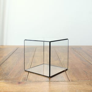 Op de afbeelding: Een heldere glazen kubus display case met zwarte rand, met een minimalistisch ontwerp. De kubus staat op een houten oppervlak en biedt een moderne uitstraling. Ideaal voor het presenteren van kleine items of verzamelobjecten.