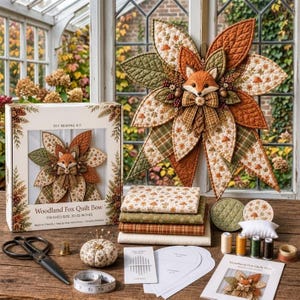 May include: A DIY sewing kit for a woodland fox quilt bow, featuring a finished fabric bow with a fox face, stacks of patterned fabric, a pincushion, scissors, thread spools, needles, and instructions in a box labeled Woodland Fox Quilt Bow.