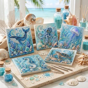 May include: Five square canvases featuring diamond art designs of a whale, octopus, jellyfish, sea turtle, and seahorse in shades of blue. The set includes metal tweezers, small glass jars filled with blue beads, and various seashells.