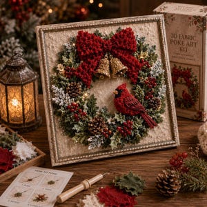May include: A 3D fabric poke art kit featuring a framed wreath with green foliage, red berries, pinecones, a large red bow, two gold bells, and a red cardinal bird. The kit includes a wooden poke tool and an instruction sheet for assembly.