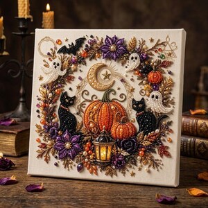 Halloween Bead Art Kit, Witch & Ghost DIY Beaded Painting, Framed Spooky Wall Decor, Beginner Fall Craft Gift for Adults