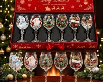 Hand Painted Christmas Wine Glass Set, Holiday Goblets with Gift Box, Festive Xmas Table Decor, Secret Santa Gift for Wine Lover
