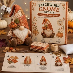 May include: A Patchwork Gnome DIY Kit for a Pumpkin Harvest Gnome ornament. The set includes a finished gnome, a box with instructions, pre-cut fabric squares in autumn colours, a spool of twine, scissors, stuffing, and buttons.