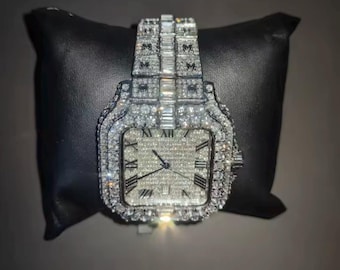 Reloj cuadrado de lujo para hombre con diamantes: Reloj de acero inoxidable con incrustaciones de diamantes, estilo hip hop.