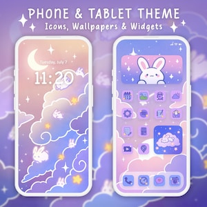 Pastel Sky Bunny Phone Theme: Icons, Wallpapers, Widgets for iOS + Android (Digital Download)