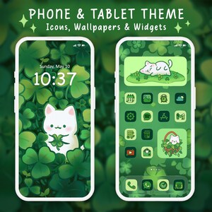 May include: A digital phone and tablet theme featuring a green clover background, custom app icons, and widgets. The display shows a white cat illustration, the text PHONE & TABLET THEME, Icons, Wallpapers & Widgets, and Sunday, May 10 10:37.