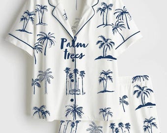 Whimsical Palm Tree Satin Pajama Set, Tropical Coastal Long Sleeve Sleepwear, Silky Beach Vibes PJs, Summer Vacation Loungewear
