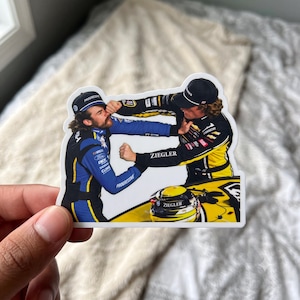 May include: A die-cut sticker depicting two race car drivers in professional racing suits engaged in a physical altercation. One driver wears a blue and yellow suit, while the other wears a black and yellow suit with the text ZIEGLER visible.