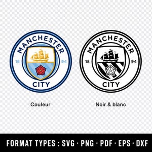 Puede incluir: Dos logotipos circulares del Manchester City con un escudo que muestra un barco y una rosa roja. El logo izquierdo es azul, blanco y rojo, mientras que el derecho es blanco y negro. El texto incluye MANCHESTER CITY, 18 y 94. Debajo: Couleur y Noir & blanc.